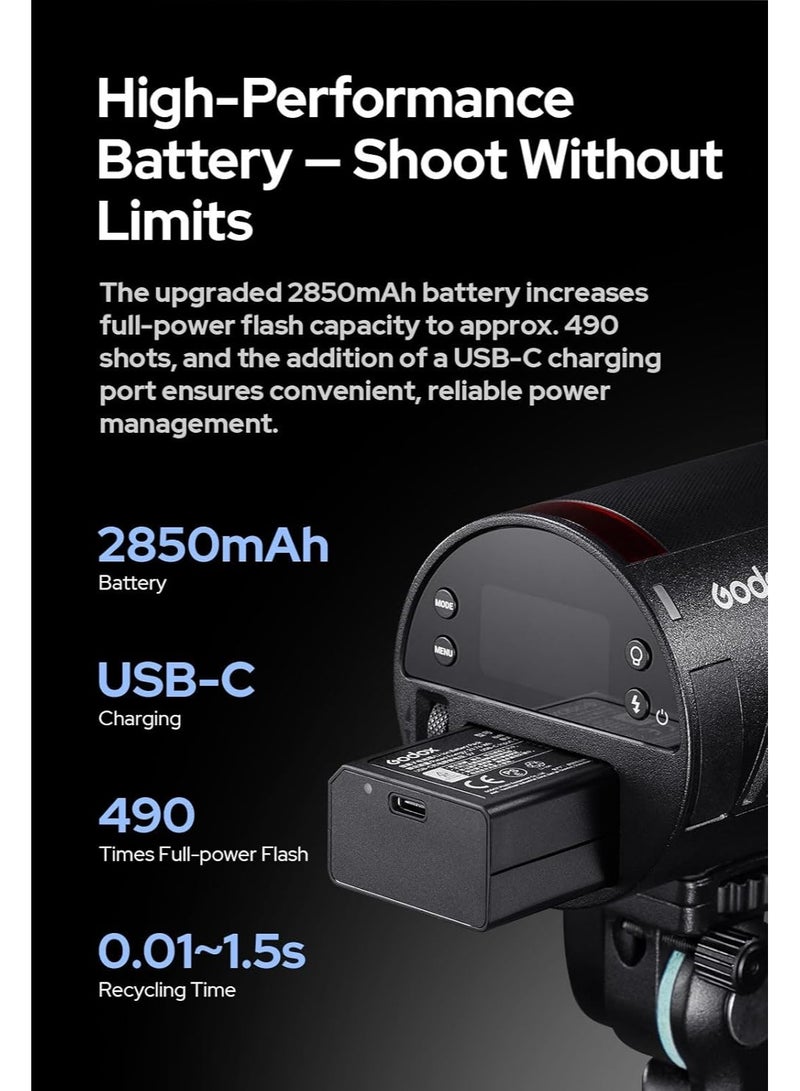 جودوكس فلاش Godox AD100Pro II بقدرة 100 واط – فلاش جيب احترافي TTL مع HSS حتى 1/8000 ثانية، نظام لاسلكي 2.4G وبطارية قابلة للشحن للتصوير الخارجي والاستوديو - Image 3