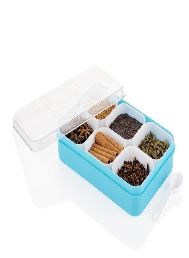 RUDOLF Premium Spice Container Set with Lid, 6 Compartments, Plastic Storage Box, Turquoise and White, Kitchen Organization - Image 1
