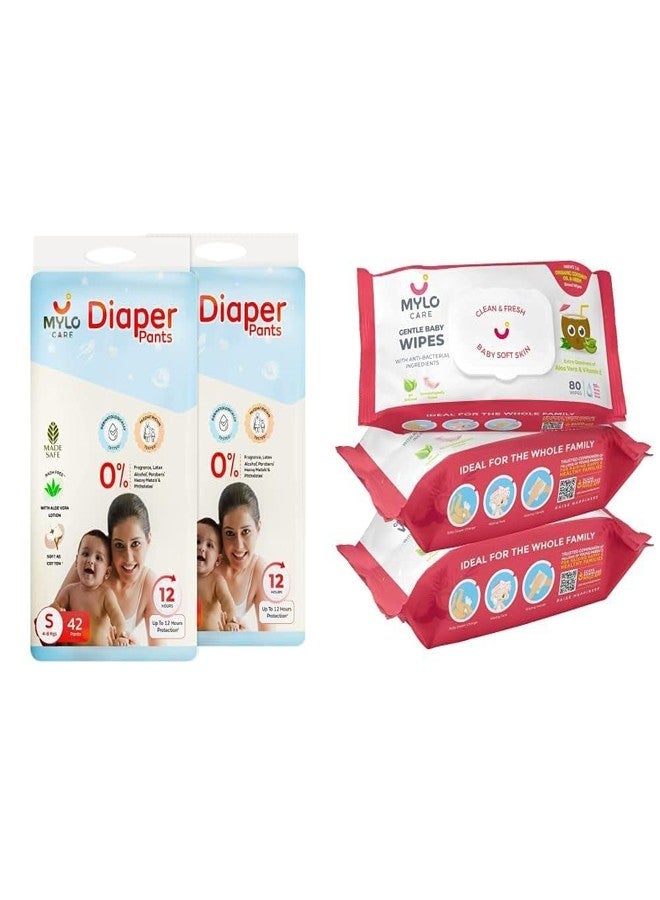 Mylo Care Disposable Diaper Pants & Baby Wipes Combo|Organic Coconut Oil & Neem|12 Hours Leak Protection|Chemical Free|Baby Essentials (Diaper (S)-84 Count, Wipes with lid Pack of 3 - Image 1