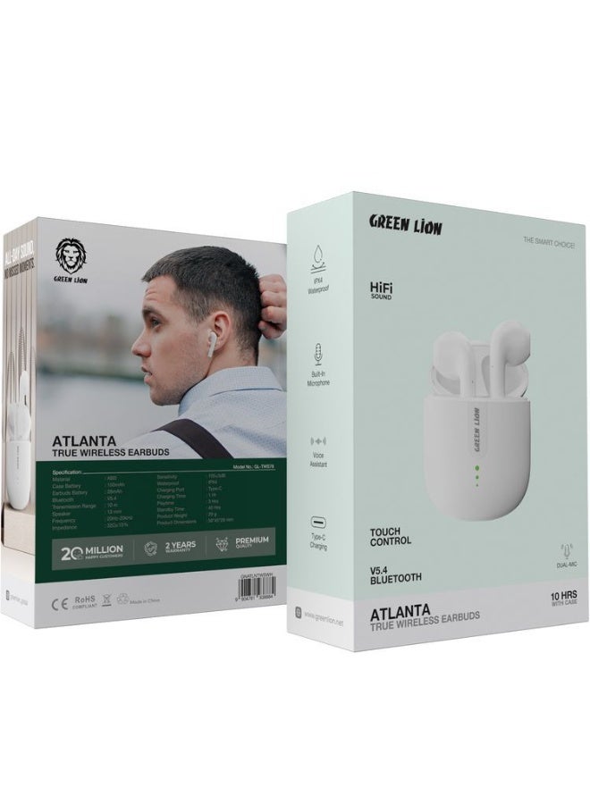 Green Lion Atlanta Wireless Earbuds with Built-in Microphone, IPX4 Water Resistance, Voice Assistant, HD Sound, Touch Control, and Up to 3 Hours Playtime - White - Image 1
