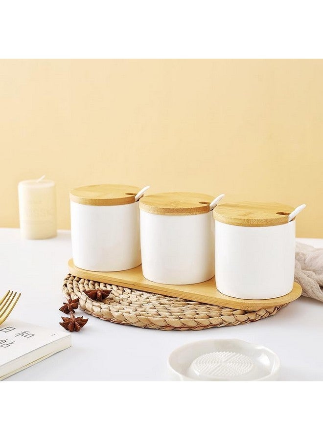 Kuber Industries Kuber Industries Ceramic Jars Set with Bamboo Lid, Spoon and Tray | Multipurpose Condiments Container for Pickle, Sauces, Masala | 3 Pieces Kitchen Containers Set-250ml Each  - Image 2