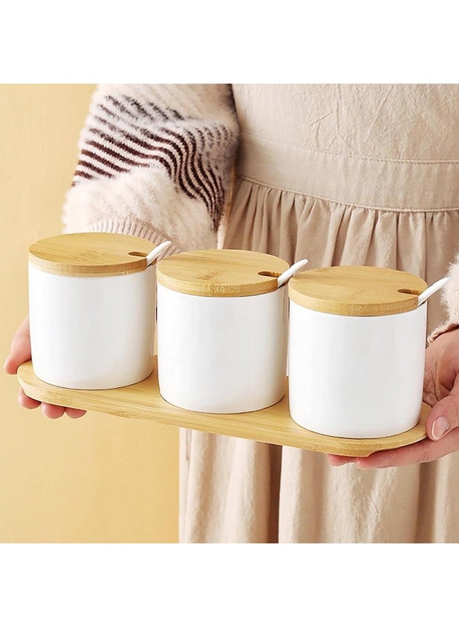Kuber Industries Kuber Industries Ceramic Jars Set with Bamboo Lid, Spoon and Tray | Multipurpose Condiments Container for Pickle, Sauces, Masala | 3 Pieces Kitchen Containers Set-250ml Each  - Image 1