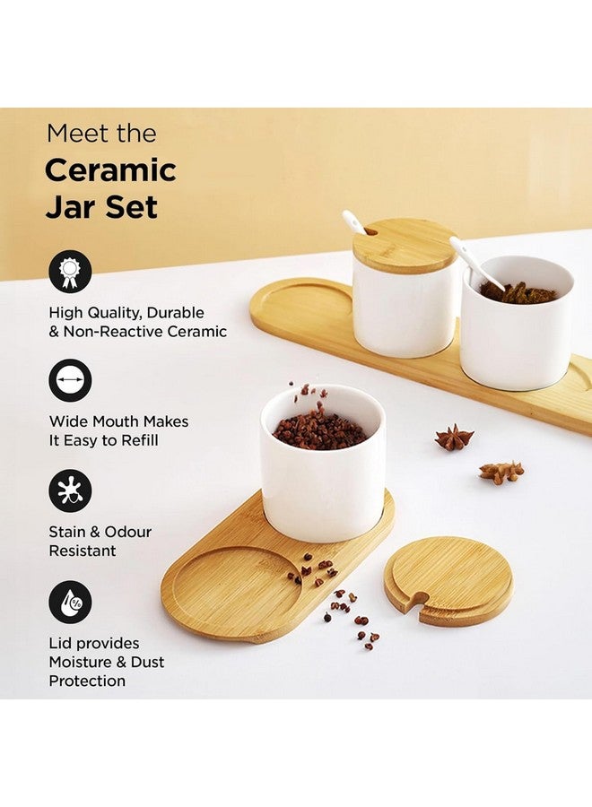 Kuber Industries Kuber Industries Ceramic Jars Set with Bamboo Lid, Spoon and Tray | Multipurpose Condiments Container for Pickle, Sauces, Masala | 3 Pieces Kitchen Containers Set-250ml Each  - Image 4