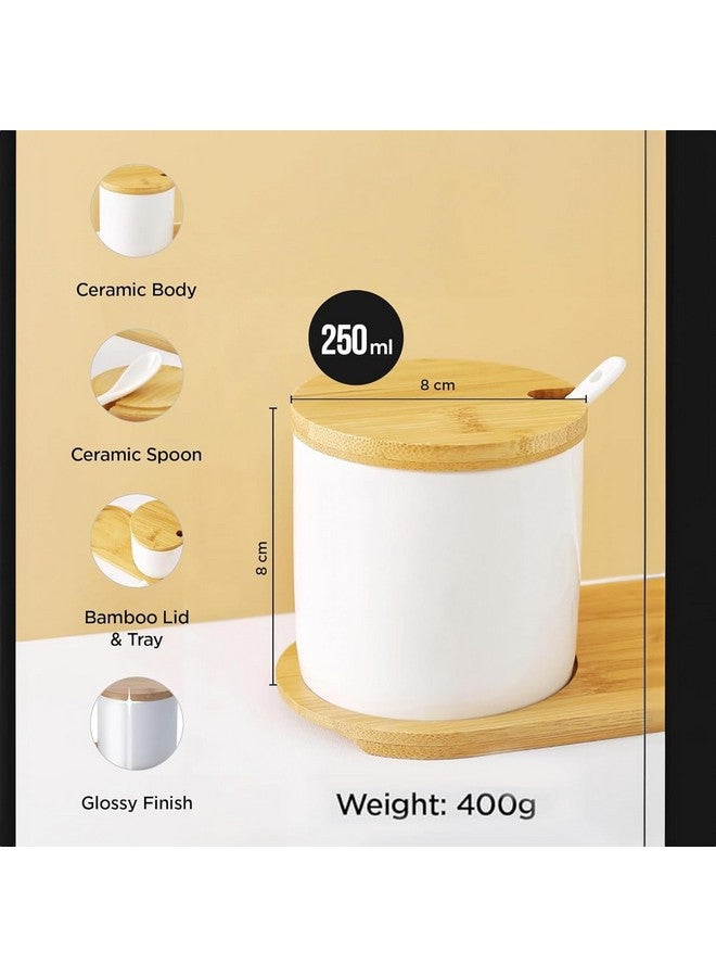 Kuber Industries Kuber Industries Ceramic Jars Set with Bamboo Lid, Spoon and Tray | Multipurpose Condiments Container for Pickle, Sauces, Masala | 3 Pieces Kitchen Containers Set-250ml Each  - Image 3