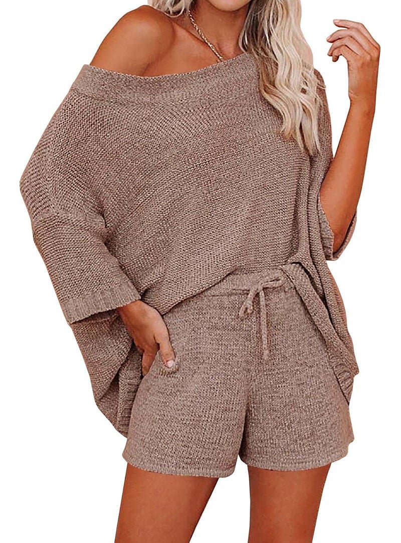 Ermonn Womens 2 Piece Outfits Sweater Sets Off Shoulder Knit Tops Waist Short Suits Casual Pajama Set Coffee