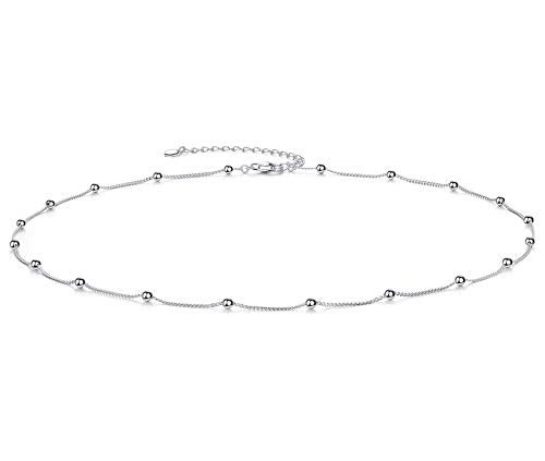 EPIRORA Choker Necklace for Women 925 Sterling Silver White Gold Plated Dainty Satellite Bead Chain Pendant Minimalist Jewelry, 16''+2" - Image 1