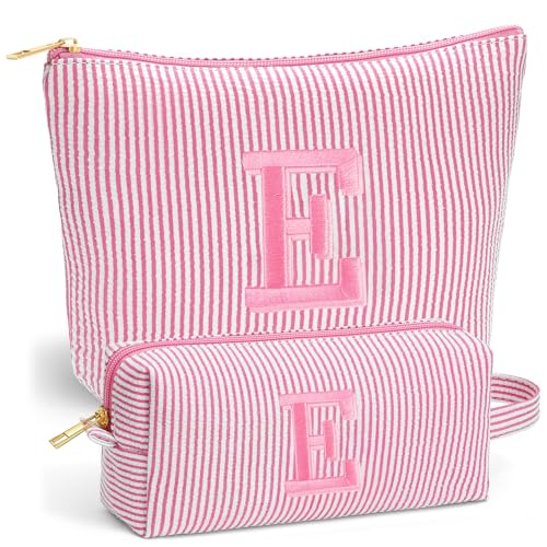 Fohufo Initial Makeup Bag Set - Cute Pink Stuff for Women, Personalized Makeup Pouch Cosmetic Bag, Travel Essentials Toiletry Bag, Birthday Christmas Gifts for Women Stocking Stuffers, Pink Letter E - Image 1