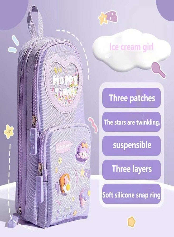 BRAVIK Canvas Premium Pencil Case, 6 Layer, 3 Compartments, Large Capacity, Cute Aesthetic Design for Girls, Multifunctional Pouch for School Kids, Purple (Purple) - Image 3