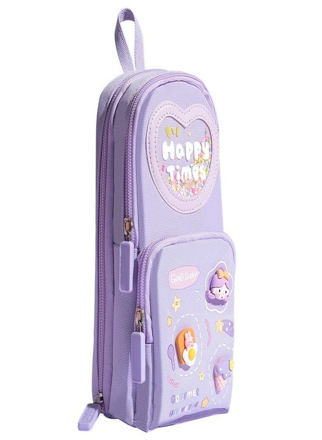 BRAVIK Canvas Premium Pencil Case, 6 Layer, 3 Compartments, Large Capacity, Cute Aesthetic Design for Girls, Multifunctional Pouch for School Kids, Purple (Purple) - Image 1