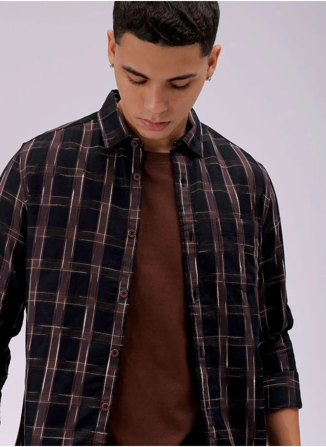 The Indian Garage Co Men Slim Fit Checkered Full Sleeves Cutaway Collar Casual Shirt