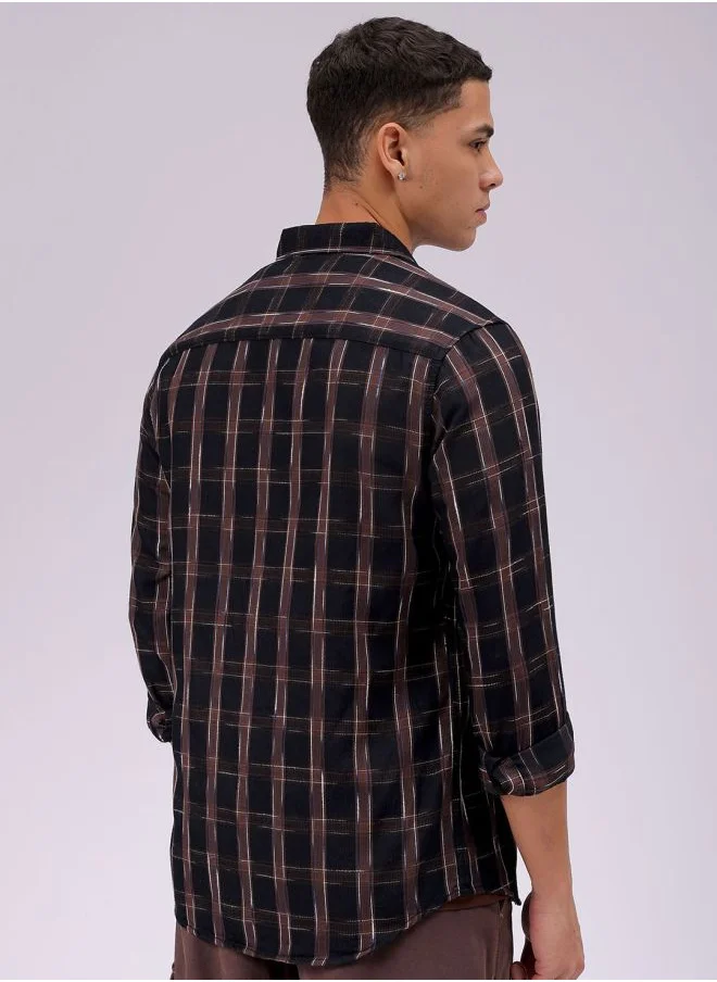 The Indian Garage Co Men Slim Fit Checkered Full Sleeves Cutaway Collar Casual Shirt