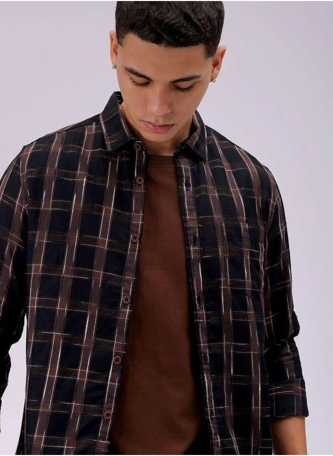 شركة المرآب الهندية Men Slim Fit Checkered Full Sleeves Cutaway Collar Casual Shirt