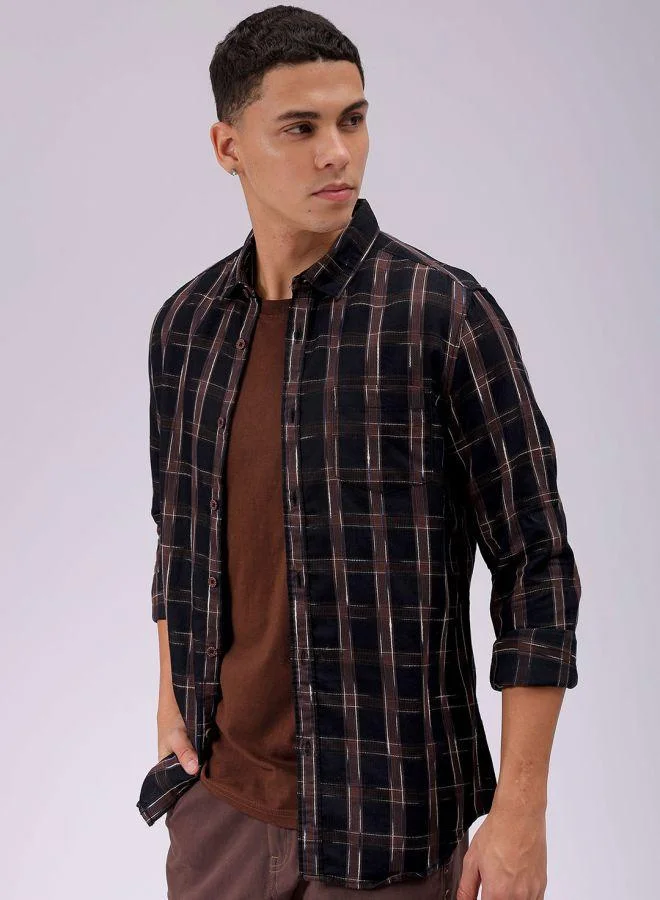 شركة المرآب الهندية Men Slim Fit Checkered Full Sleeves Cutaway Collar Casual Shirt