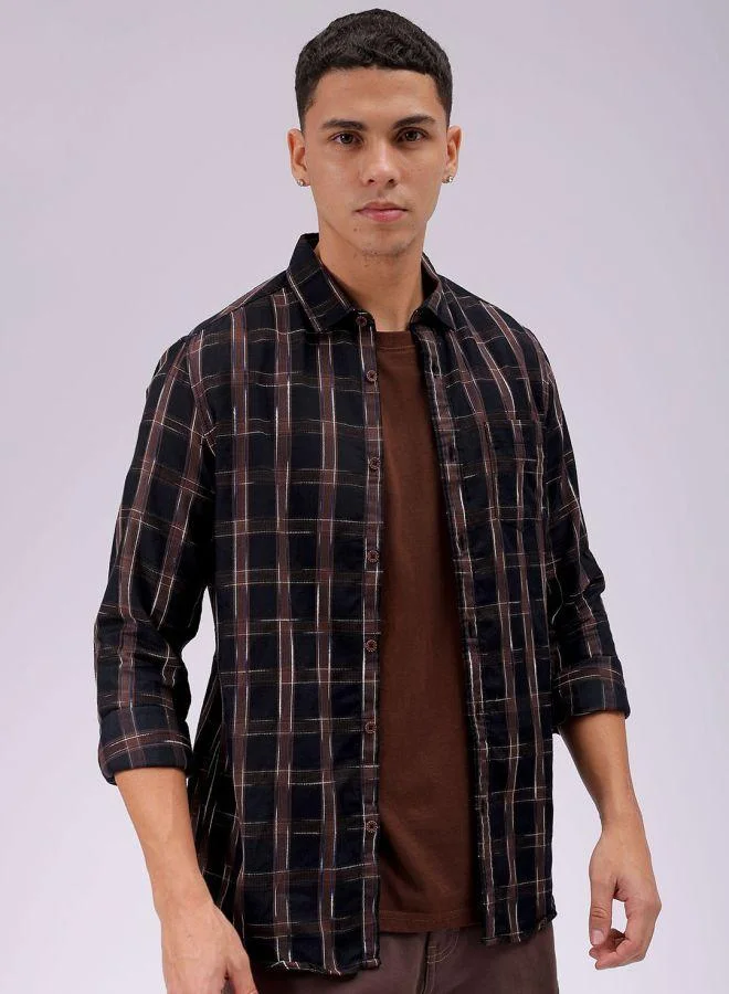 شركة المرآب الهندية Men Slim Fit Checkered Full Sleeves Cutaway Collar Casual Shirt