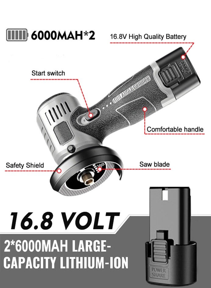 0TO1 TECH Cordless Angle Grinder Tool,28000RPM Mini Angle Grinder, 16.8V Cordless Electric Power Angle Grinder Tool with 2PCS 6000mAh Battery,Nylon Cutting Blade-s/Grinding Disc/Metal Cutting Disc - Image 4