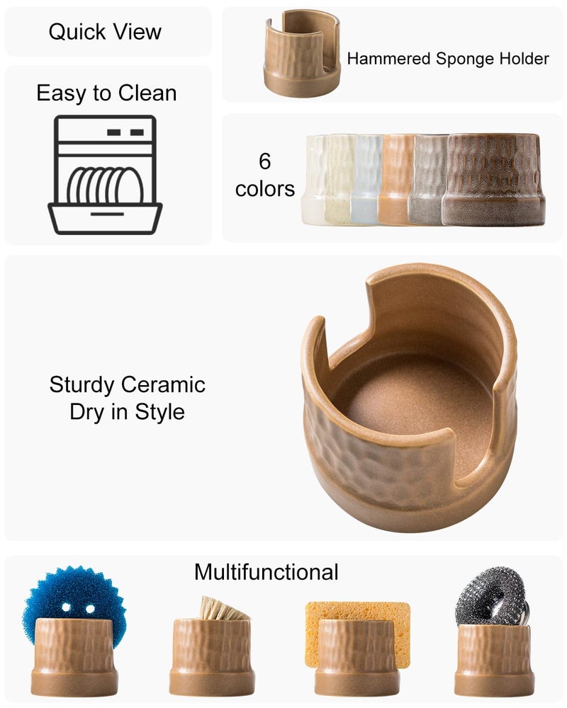 Zoeeker Sponge Holder for Kitchen Sink, Ceramic Sink Caddy Scrub Sponge Tray Dish Rack for Scrubbers, Kitchen Organizer, Brown - Image 2