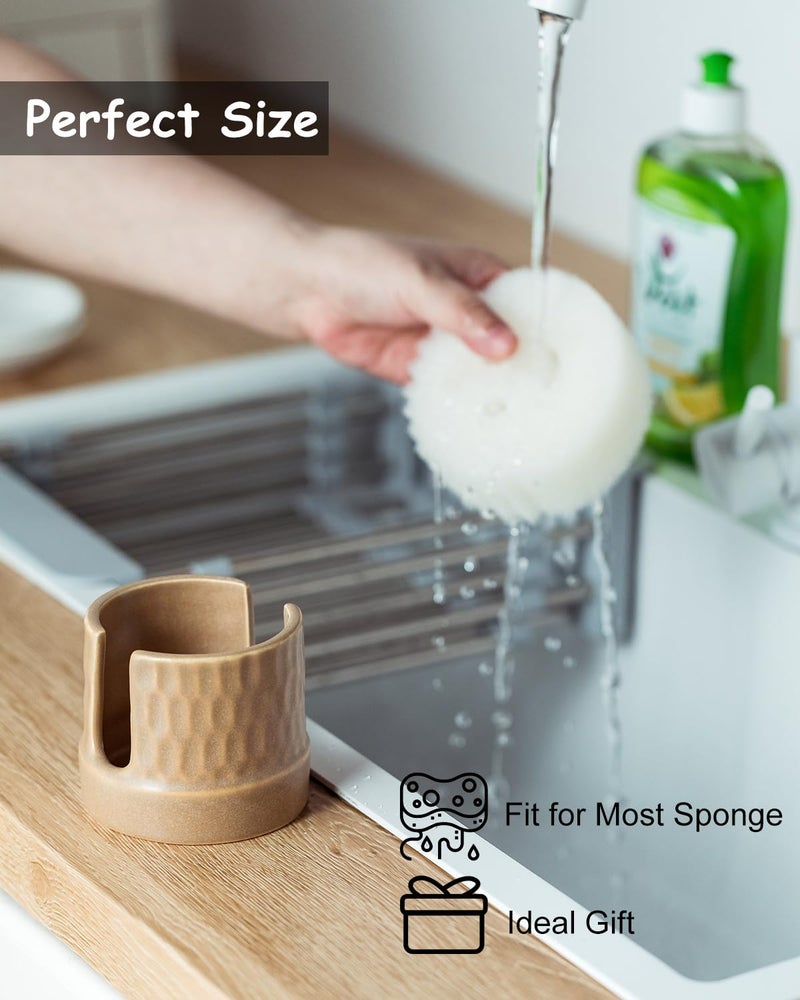Zoeeker Sponge Holder for Kitchen Sink, Ceramic Sink Caddy Scrub Sponge Tray Dish Rack for Scrubbers, Kitchen Organizer, Brown - Image 5