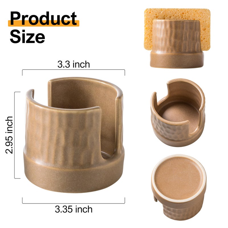 Zoeeker Sponge Holder for Kitchen Sink, Ceramic Sink Caddy Scrub Sponge Tray Dish Rack for Scrubbers, Kitchen Organizer, Brown - Image 3
