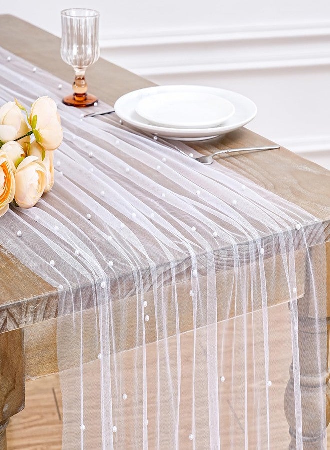 LuoluoHouse White Pearl Table Runner Tulle: 10ft Pearl Kitchen Linen 29x120 Inch Sheer Gauze Fabric for Wedding Decor Birthday Party Dining Table Cover - Image 1