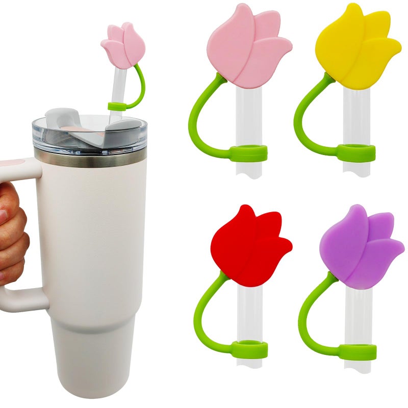 HOMDSG 4 Pack Tulip Straw Covers Cap Compatible with Stanley Cup 40 30 oz Cute Silicone Flowers Straw Topper Tumbler Accessories Christmas Gifts for Women