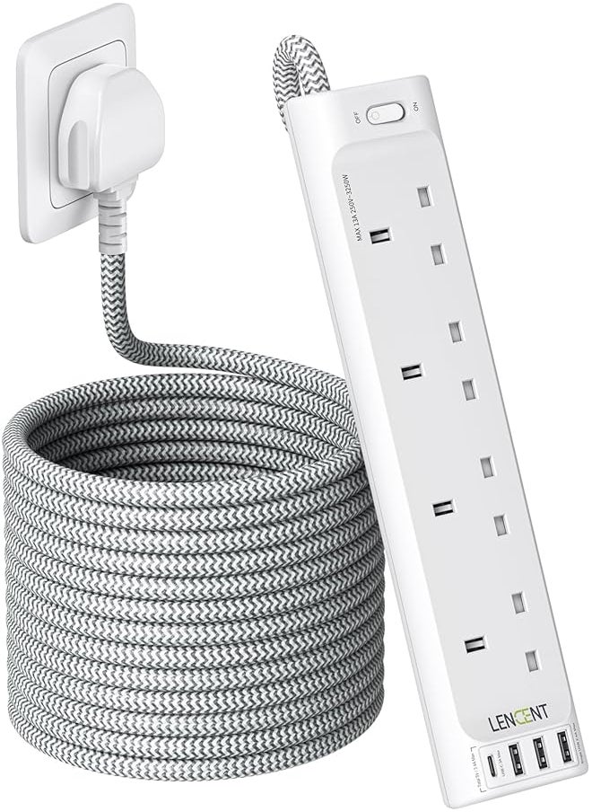 Lencent LENCENT 5M Extension Lead with USB Slots, 4 Way Outlets Power Strip with 4 USB Ports, Multi Power Plug Extension with 5M Braided Extension Cord for Home Office, 3250W 13A 