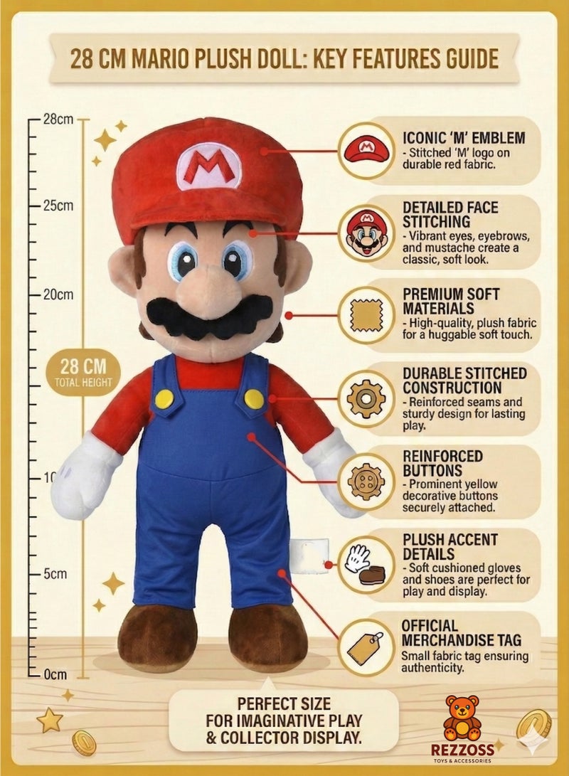 REZZOSS Plush Toy Super Mario Plush Toy 28cm – Small Soft Stuffed Animal Doll for Kids | Classic Nintendo Character Figure with Red Hat & Blue Overalls | Cuddly Bedtime Pillow Buddy | Best Birthday Gift for Boys & Girls 3+ - Image 3