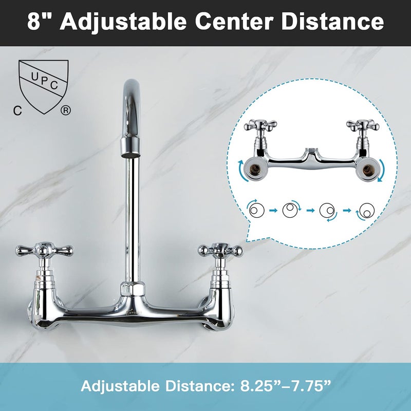 Favorpo Commercial Brass Wall Mount Faucet, 2 Handles, 8 Inches Center, 360 Swivel, Polished Chrome, for Kitchen Sink - Image 3