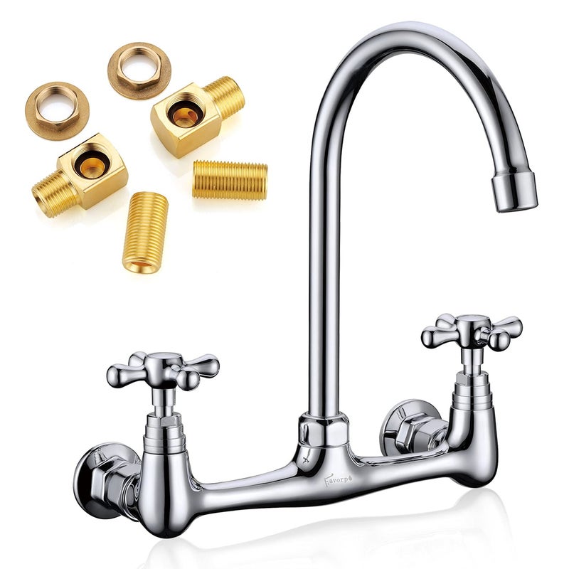Favorpo Commercial Brass Wall Mount Faucet, 2 Handles, 8 Inches Center, 360 Swivel, Polished Chrome, for Kitchen Sink - Image 1