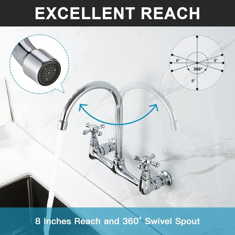 Favorpo Commercial Brass Wall Mount Faucet, 2 Handles, 8 Inches Center, 360 Swivel, Polished Chrome, for Kitchen Sink - Image 2