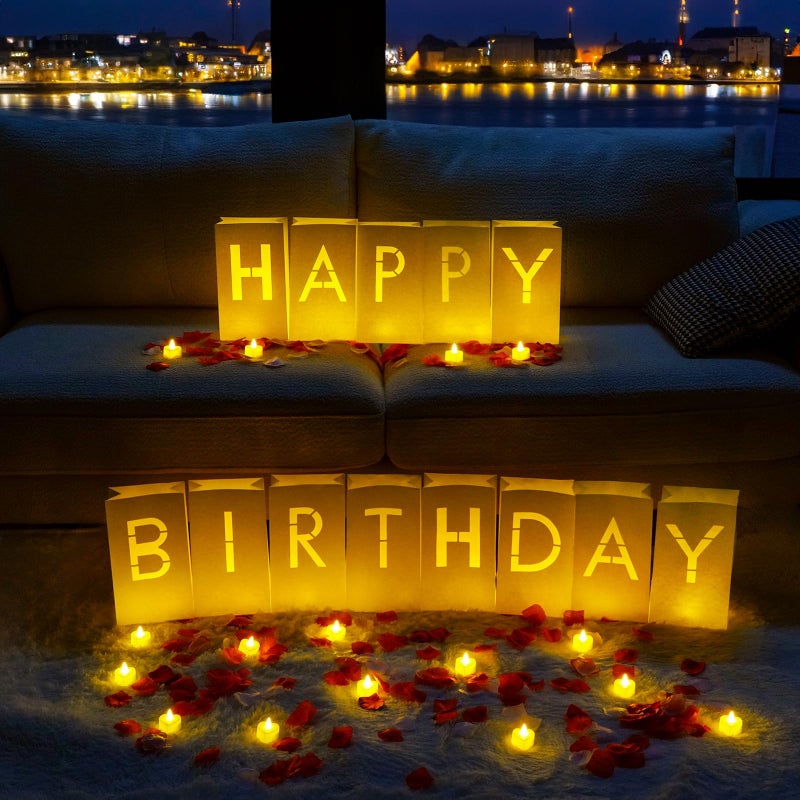 Homemory Happy Birthday Light Up Letters Luminary Bags with Flameless Candles and Fake Rose Petals Happy Birthday Sign Party Decoration for Women Men