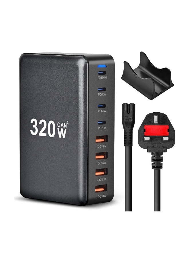 ماركة غير محددة - شاحن USB C بقوة 320 واط، محطة شحن سريعة بـ 8 منافذ، محور Type C، محول شاحن لابتوب PD بقوة 100 واط/65 واط/20 واط لجهاز iPad و iPhone 15 و14 و13 و12 و11 Pro Max وغيرها - Image 1