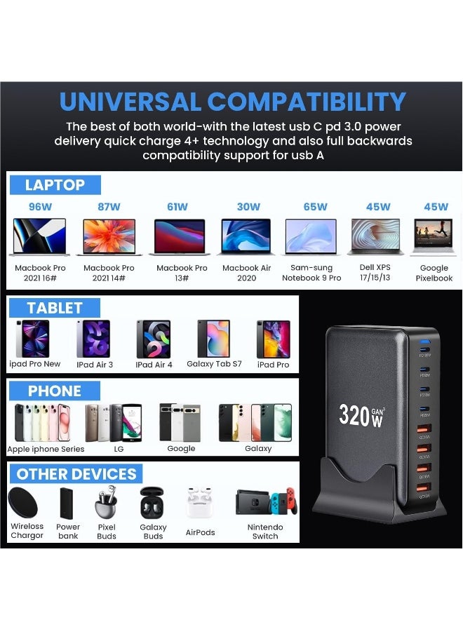 ماركة غير محددة - شاحن USB C بقوة 320 واط، محطة شحن سريعة بـ 8 منافذ، محور Type C، محول شاحن لابتوب PD بقوة 100 واط/65 واط/20 واط لجهاز iPad و iPhone 15 و14 و13 و12 و11 Pro Max وغيرها - Image 1