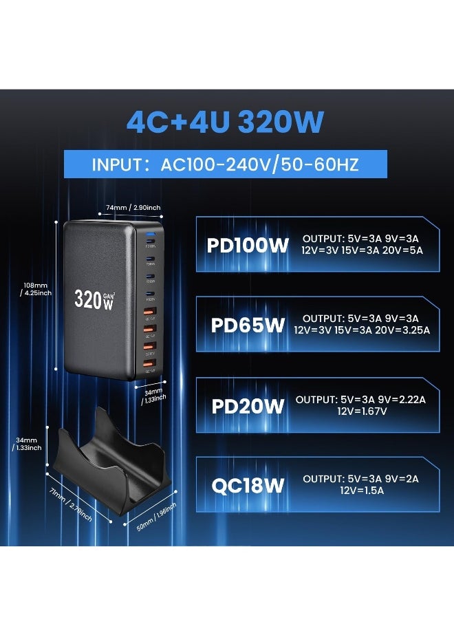 ماركة غير محددة - شاحن USB C بقوة 320 واط، محطة شحن سريعة بـ 8 منافذ، محور Type C، محول شاحن لابتوب PD بقوة 100 واط/65 واط/20 واط لجهاز iPad و iPhone 15 و14 و13 و12 و11 Pro Max وغيرها - Image 1