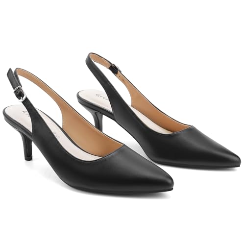 Greatonu Women's Black Kitten Heels Pointed Toe Slingback Leather Insole Casual Party Wedding Dress Pumps Shoes Size 9 - Image 3
