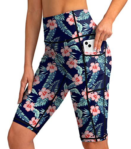 SANTINY Women's 8''/12'' High Waisted Swim Shorts with Pockets UPF50+ Long Board Swimming Shorts for Women with Liner (Navy Flower_L) - Image 1