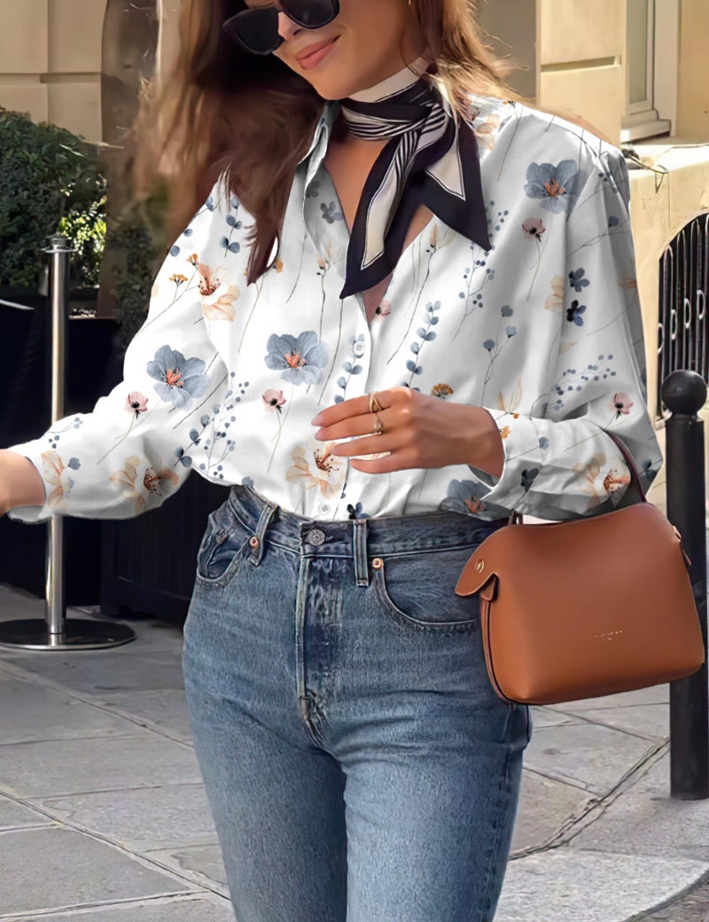 Sarin Mathews Button Down Shirts for Women Dressy Casual Long Sleeve Blouses Printed Collared Business Work Tops White-Blue Florals L - Image 3
