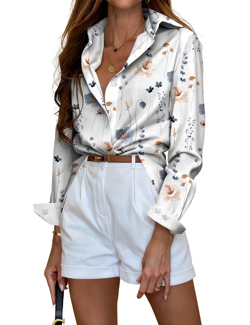 Sarin Mathews Button Down Shirts for Women Dressy Casual Long Sleeve Blouses Printed Collared Business Work Tops White-Blue Florals L - Image 1