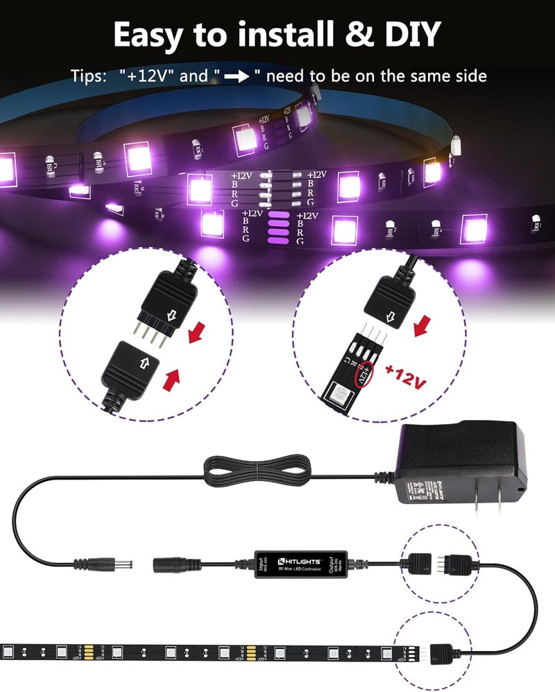 HitLights LED Strip Lights 3 Pre-Cut 12Inch/36Inch LED Light Strip Flexible Color Changing 5050 LED Accent Kit with RF Remote, Power Supply, and Connectors for TV, Home, DIY Decoration - Image 4