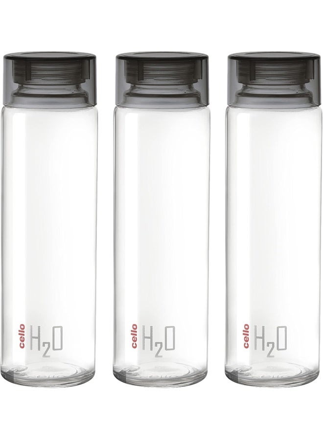 Cello H2O Toughened Glass Fridge Water Bottle with Plastic Cap, 920ml, Set of 3, Black - Image 1