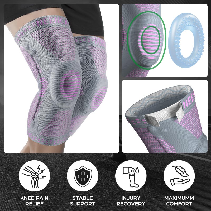 NEENCA Professional Knee Brace for Pain Relief, Medical Knee Support with Patella Pad & Side Stabilizers, Compression Knee Sleeve for Meniscus Tear, ACL, Joint Pain, Runner, Workout (Pink Gray, S) - Image 3