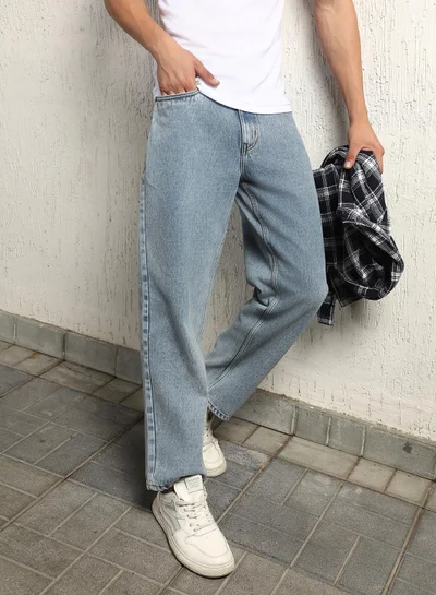 هوبرهولمي Indigo Relaxed Fit Low-Rise Light Fade Jeans for Men, 100% Cotton