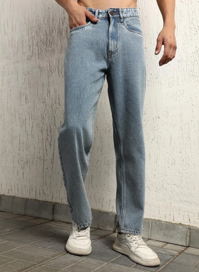 Hubberholme Indigo Relaxed Fit Low-Rise Light Fade Jeans for Men, 100% Cotton