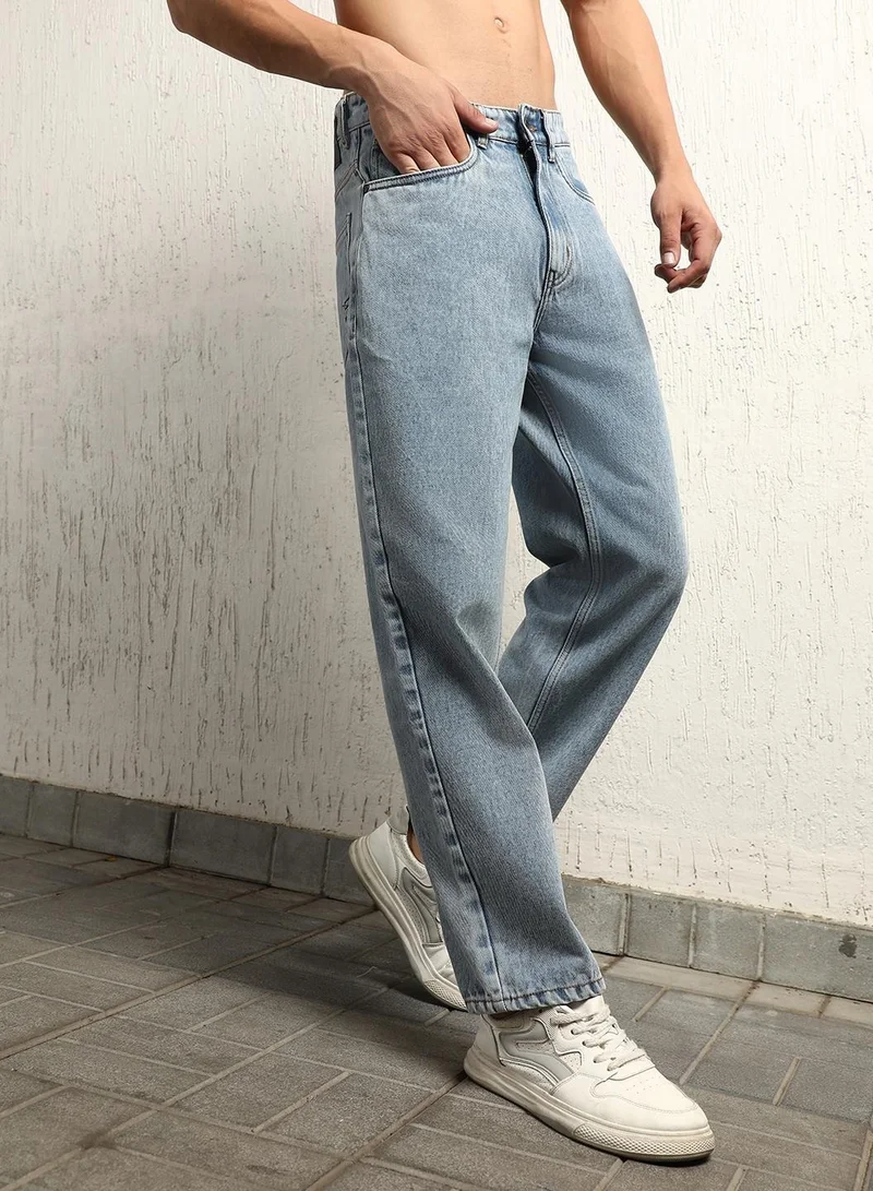 Hubberholme Indigo Relaxed Fit Low-Rise Light Fade Jeans for Men, 100% Cotton