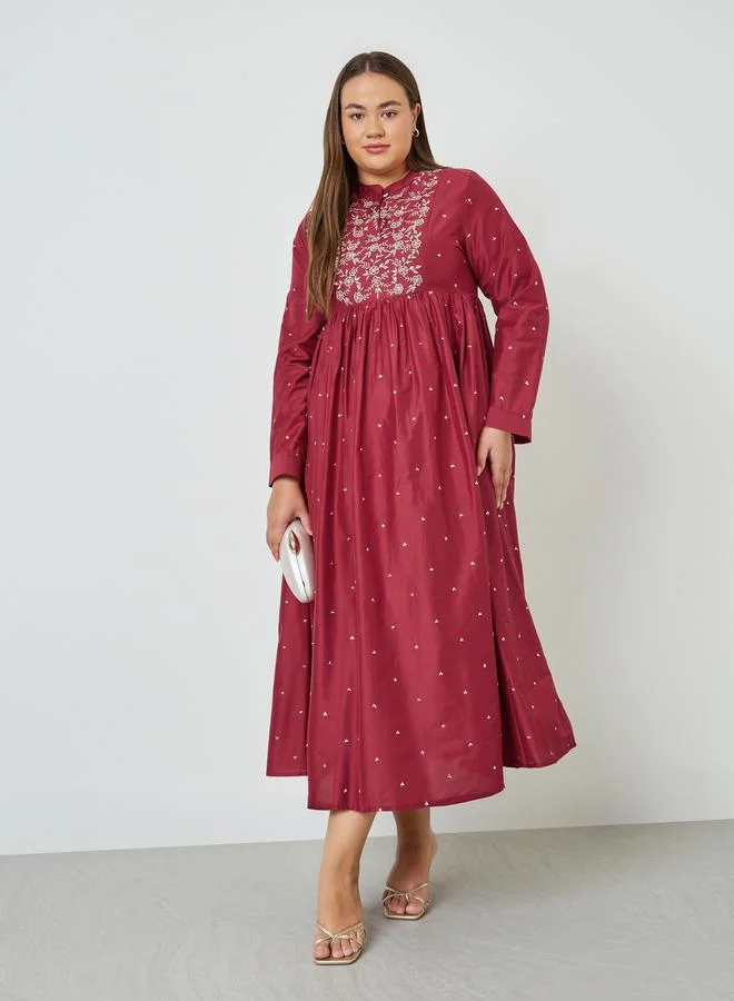 Styli Plus Size Embroidered A-Line Maxi Dress