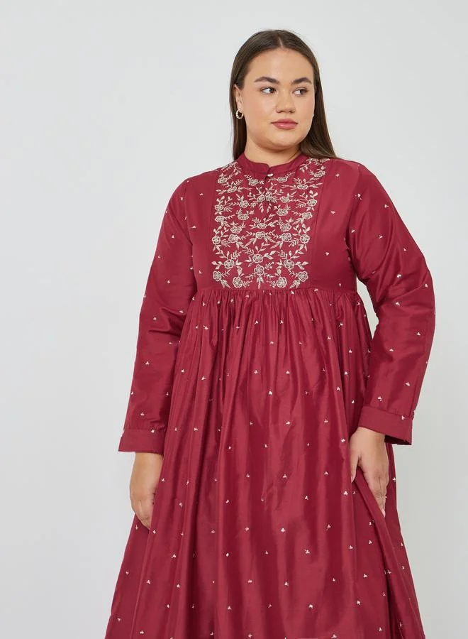 Styli Plus Size Embroidered A-Line Maxi Dress