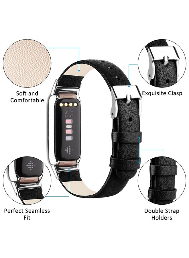 O Ozone Leather Strap For Fitbit Luxe Strap for Women Men, Soft Breathable Leather Sport Wristband Metal Classic Buckle Bracelet Replacement Strap  - Black  - Image 5
