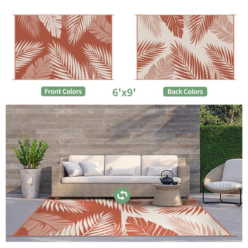 GENIMO Outdoor Rug 6' x 9' Waterproof for Patios Clearance, Reversible Plastic Straw Camping Carpet, Large Area Rugs Mats for RV, Picnic, Backyard, Deck, Balcony, Porch, Beach, Brick&Red - Image 2