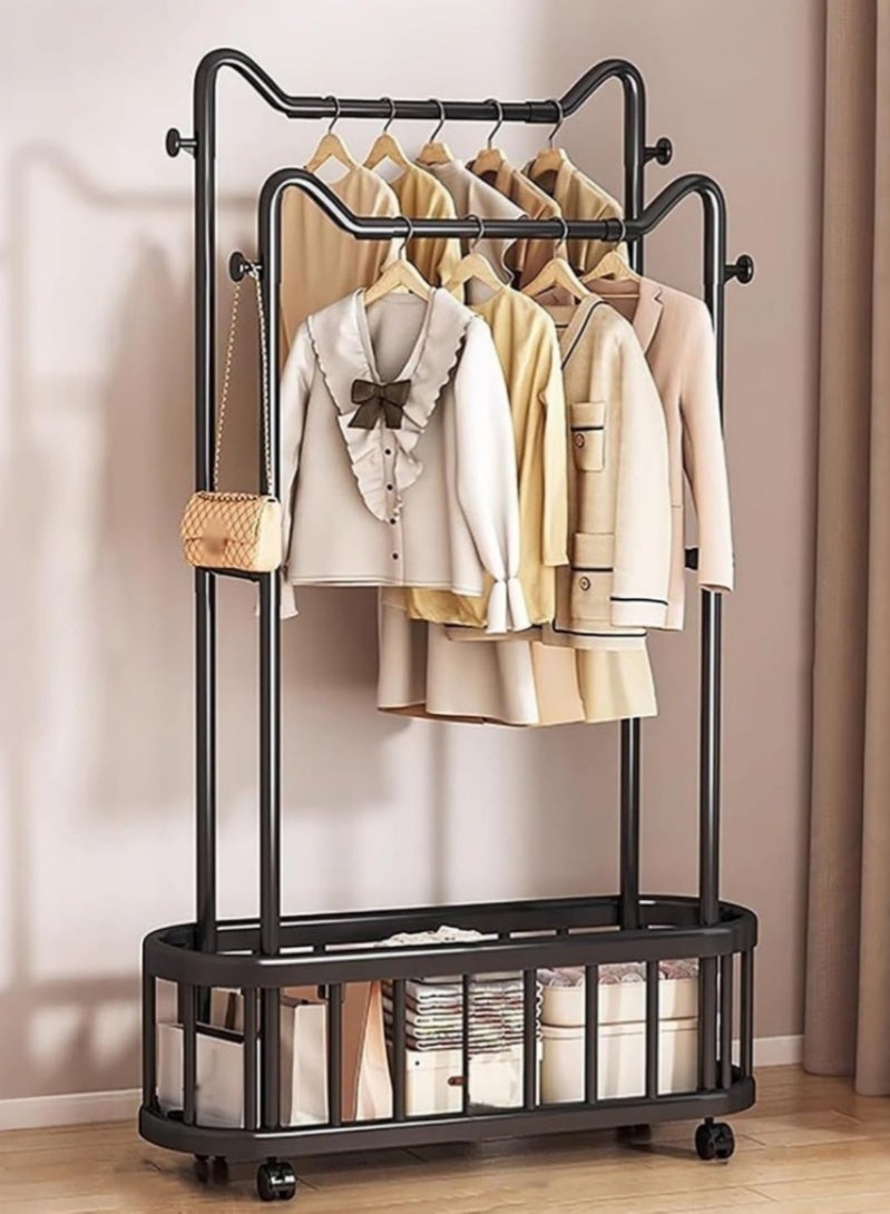 رف ملابس بقضبان مزدوجة، رف ملابس معدني مع سلة تخزين وعجلات، منظم شماعات ملابس متعدد الأغراض لغرفة النوم وغرفة المعيشة - Image 1
