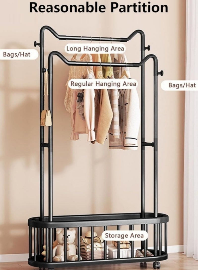رف ملابس بقضبان مزدوجة، رف ملابس معدني مع سلة تخزين وعجلات، منظم شماعات ملابس متعدد الأغراض لغرفة النوم وغرفة المعيشة - Image 2