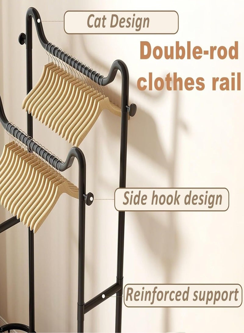 رف ملابس بقضبان مزدوجة، رف ملابس معدني مع سلة تخزين وعجلات، منظم شماعات ملابس متعدد الأغراض لغرفة النوم وغرفة المعيشة - Image 3